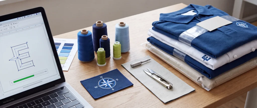 Arbeitsplatz mit Logo-Digitalisierung, Stickmuster, Garnkonen und fertig gefalteter Ware