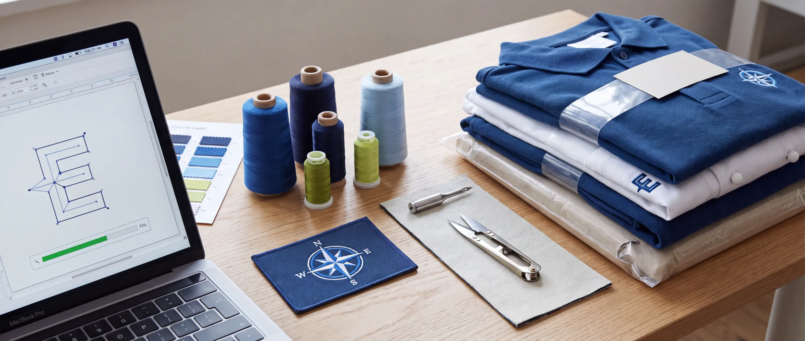 Arbeitsplatz mit Logo-Digitalisierung, Stickmuster, Garnkonen und fertig gefalteter Ware