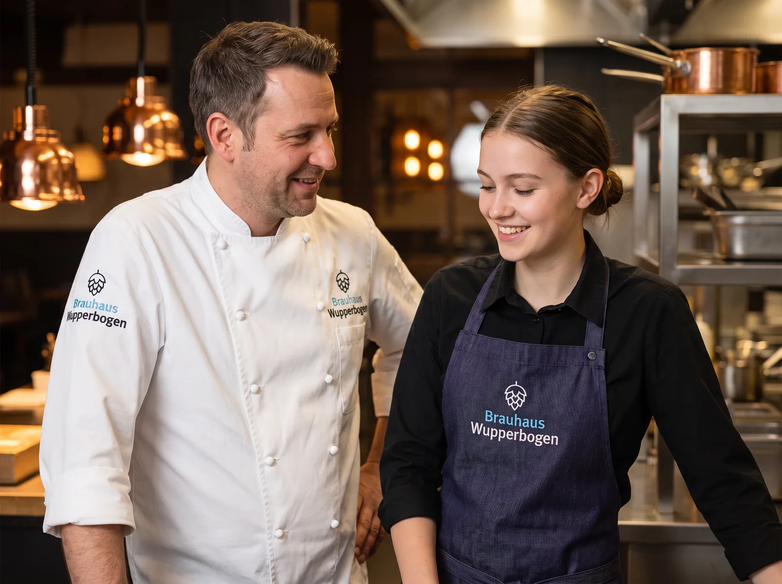 Koch und Servicekraft mit besticktem Logo auf Kochjacke und Bistroschürze