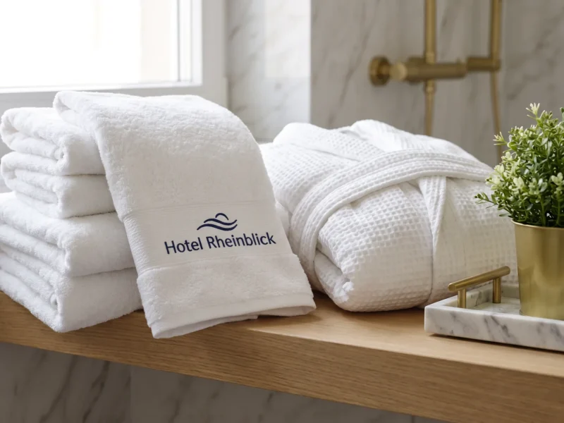 Hotelhandtücher und Bademantel mit eingesticktem Hotellogo