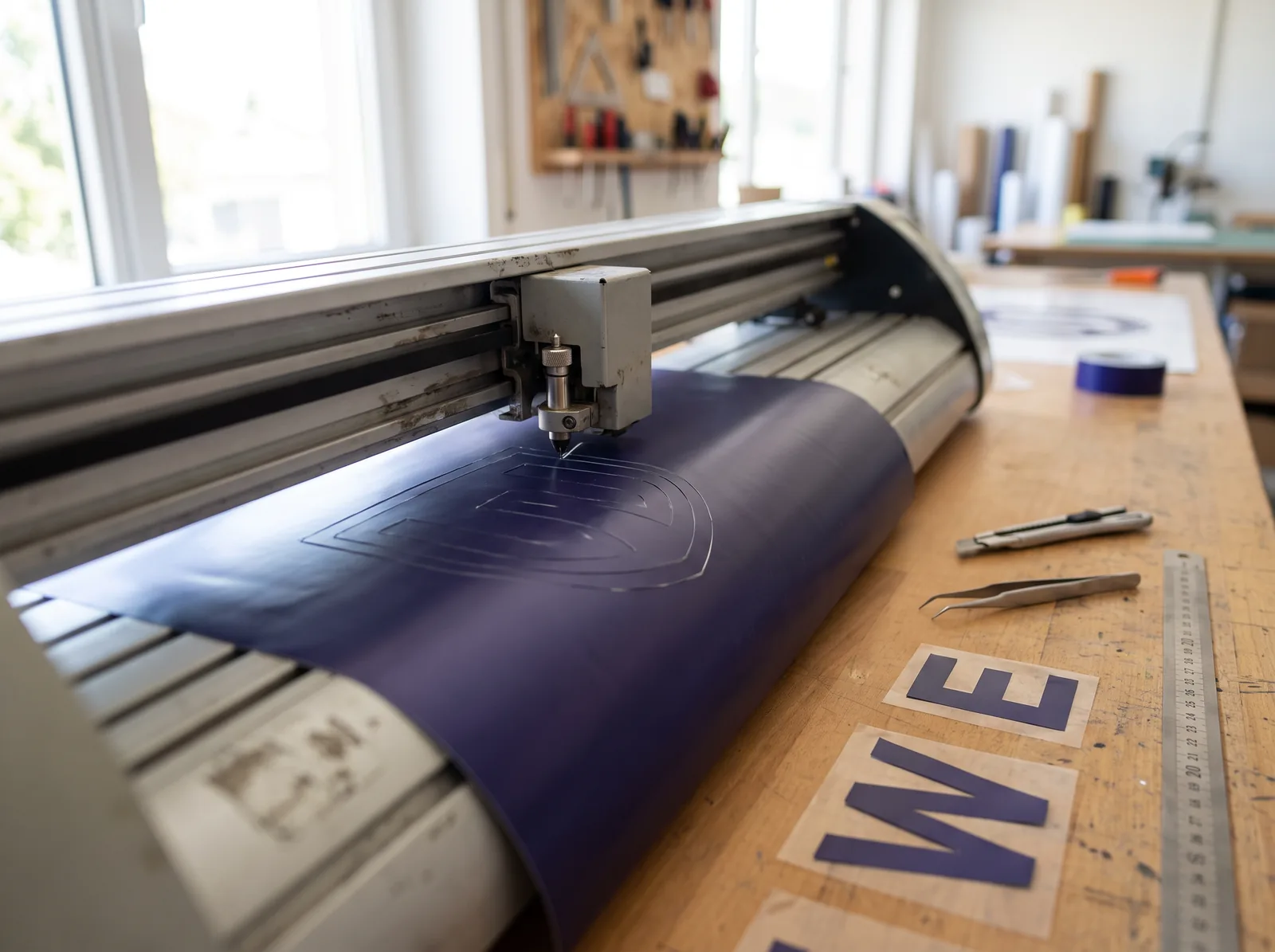 Schneideplotter schneidet ein Motiv aus dunkelblauer Flexfolie